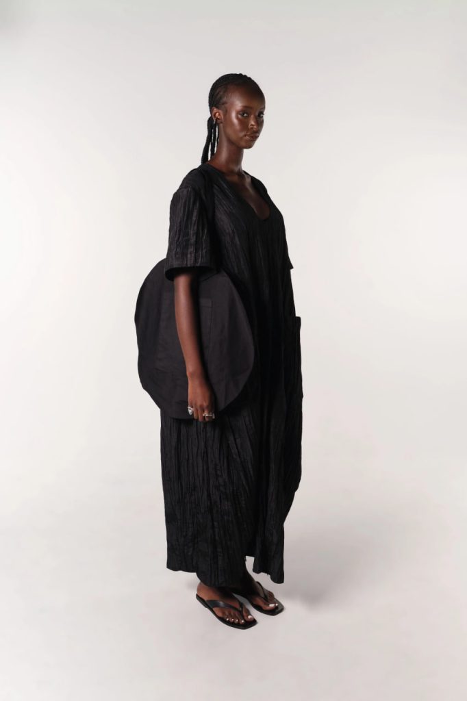 fibyus black crinkle maxi dress model front