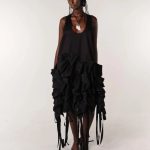 fibyus black ruffle midi dress model front
