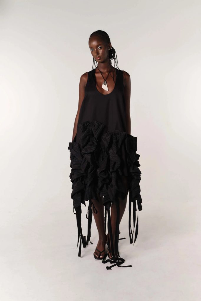 fibyus black ruffle midi dress model front