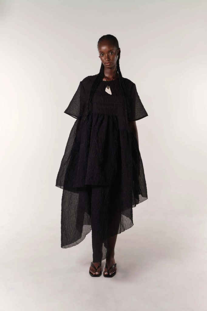 fibyus black textured smock dress model front